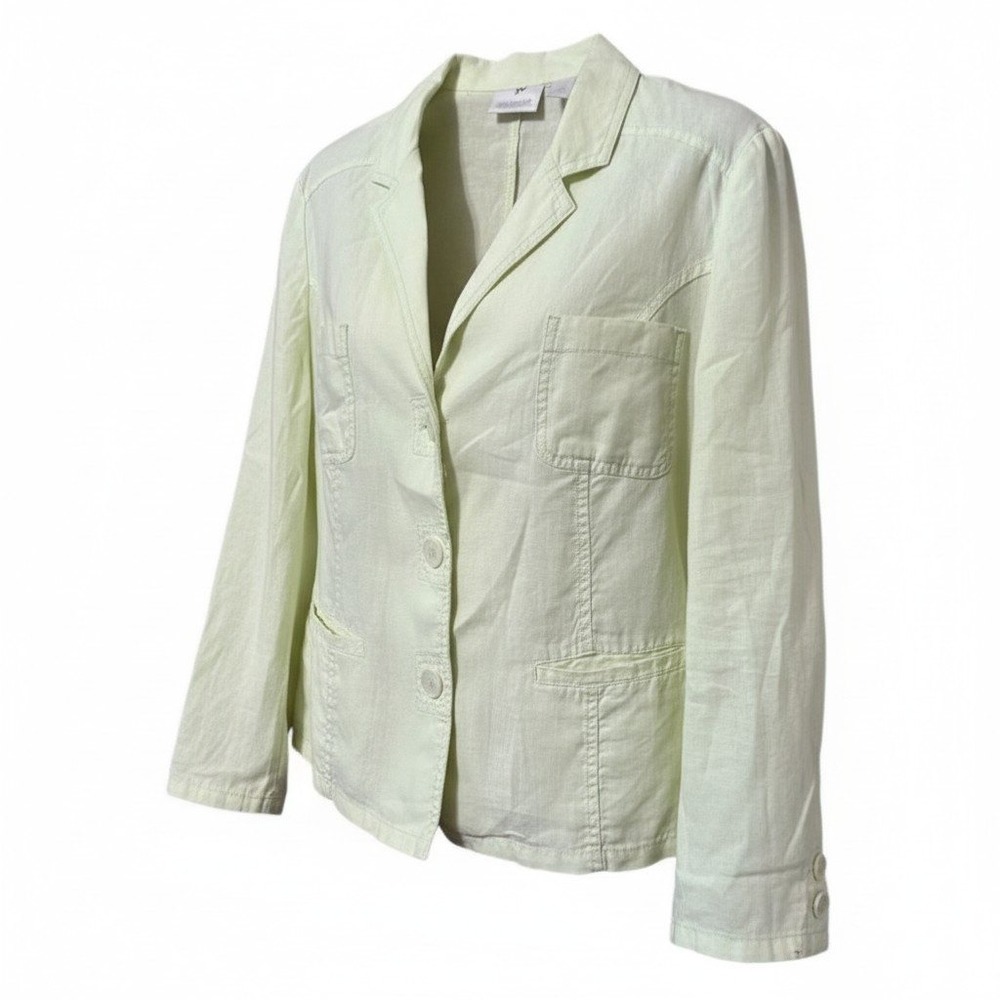 Chicos Light Green‎ 100% Linen Blazer Jacket Size 2 Large Button Front Pockets